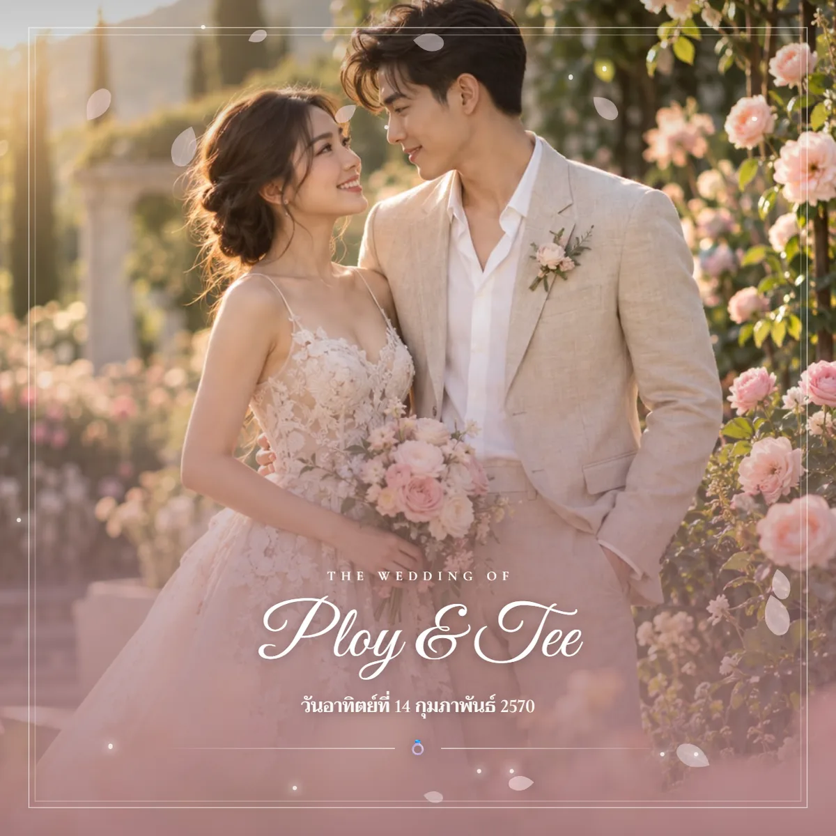 หน้าปกหนังสือคำอวยพร รูปคู่บ่าวสาว ชื่อ Ploy & Tee และวันงาน